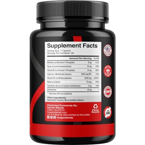 Methyliertes B-Komplex Vitaminpräparat - Bioaktiver Methyl B-Komplex mit 5-MTHF Methylfolat & B12 Methylcobalamin für Gehirn-, Herz-, Energie- und Homocystein-Unterstützung - Super Vitamin B Komplex - 60 Kapseln