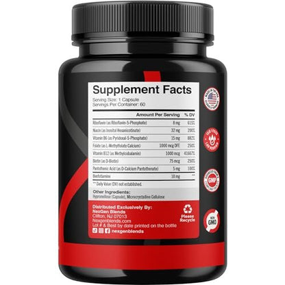 Methyliertes B-Komplex Vitaminpräparat - Bioaktiver Methyl B-Komplex mit 5-MTHF Methylfolat & B12 Methylcobalamin für Gehirn-, Herz-, Energie- und Homocystein-Unterstützung - Super Vitamin B Komplex - 60 Kapseln