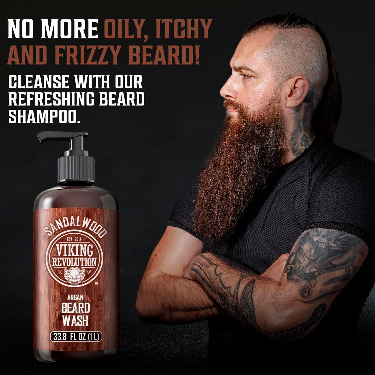 Viking Revolution Sandelholz Bartwäsche für Männer mit Arganöl - Bartweichmacher und Bartstärker Bartshampoo mit Ginseng, Rotem Salbei, Vitamin B5, Vitamin E - Sandelholz Bartpflege (1 Liter)