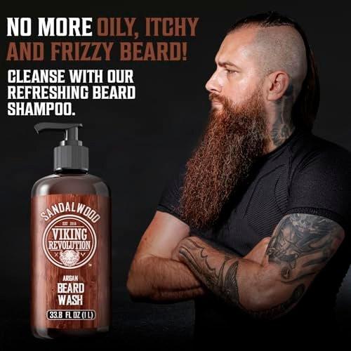 Viking Revolution Sandelholz Bartwäsche für Männer mit Arganöl - Bartweichmacher und Bartstärker Bartshampoo mit Ginseng, Rotem Salbei, Vitamin B5, Vitamin E - Sandelholz Bartpflege (1 Liter)