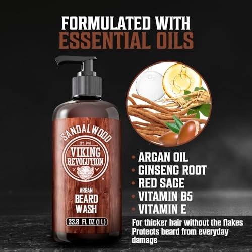 Viking Revolution Sandelholz Bartwäsche für Männer mit Arganöl - Bartweichmacher und Bartstärker Bartshampoo mit Ginseng, Rotem Salbei, Vitamin B5, Vitamin E - Sandelholz Bartpflege (1 Liter)