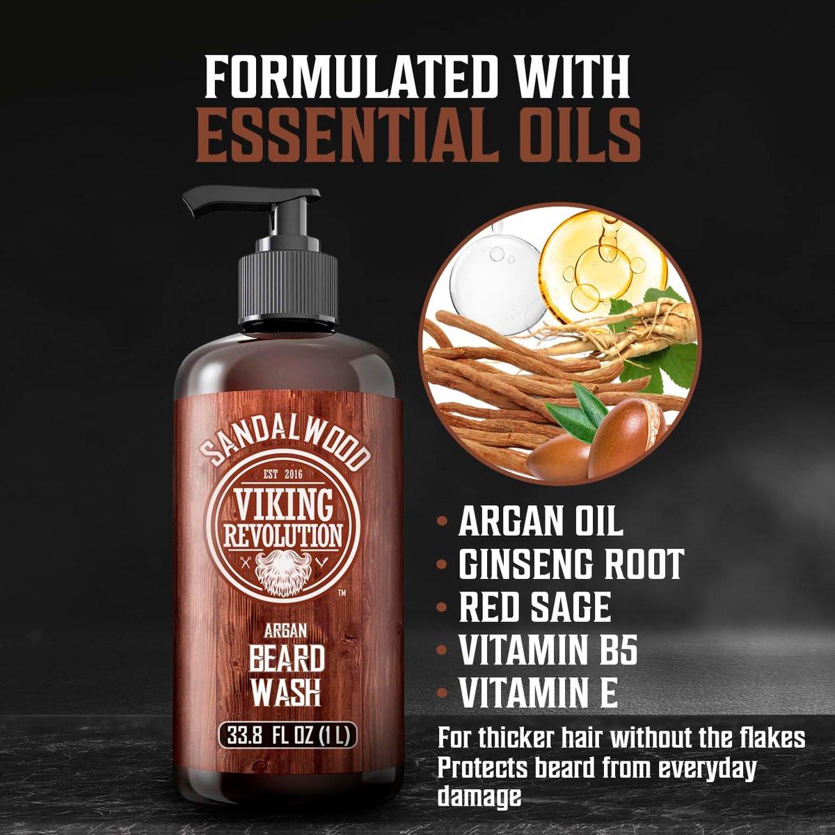 Viking Revolution Sandelholz Bartwäsche für Männer mit Arganöl - Bartweichmacher und Bartstärker Bartshampoo mit Ginseng, Rotem Salbei, Vitamin B5, Vitamin E - Sandelholz Bartpflege (1 Liter)