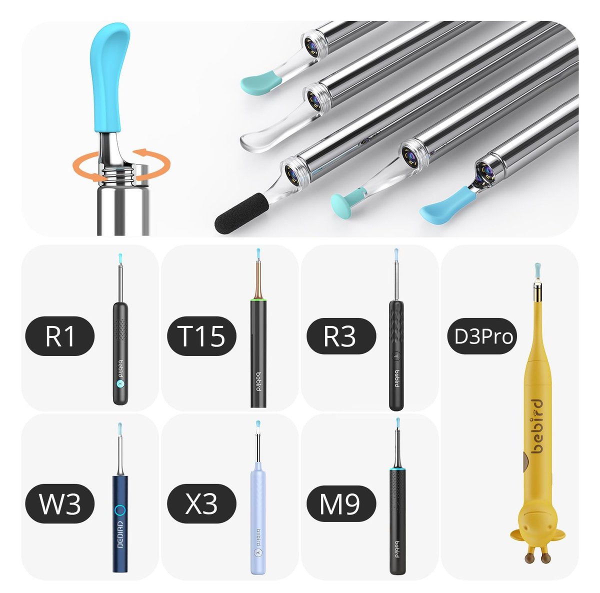BEBIRD Offizielles R1 Original Zubehör – 10 Ersatzspitzen für nasse/trockene Ohrenreinigung – Ohrlöffel-Aufsätze kompatibel mit BEBIRD R1/M9/R3/X3/W3/D3Pro/T15/C3 (Neue Spiralstruktur!)
