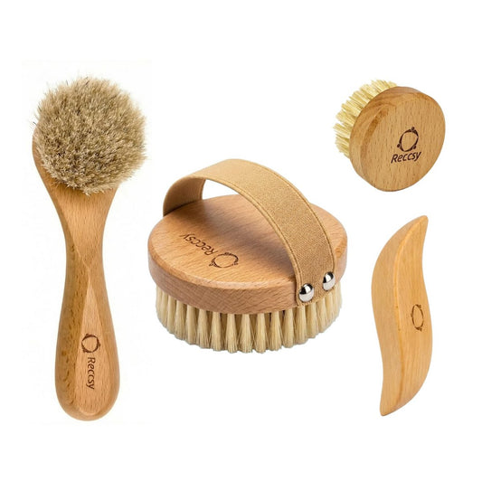 4-teiliges Trockenbürsten-Set für die Lymphdrainage – Naturborsten-Trockenhautbürste + Gesichtsbürste + Peeling-Bürste + Holz-Therapie-Massage-Tool, Gua Sha, Anti-Cellulite
