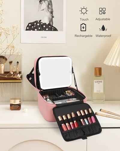 Relavel Makeup-Tasche mit LED-Spiegel – Reise-Kosmetikkoffer mit aufladbarem beleuchtetem Spiegel, 3 Lichtfarben, zweilagige Kosmetikbox für Make-up-Pinsel und Lippenstifte, Damen, Leder, Rosa