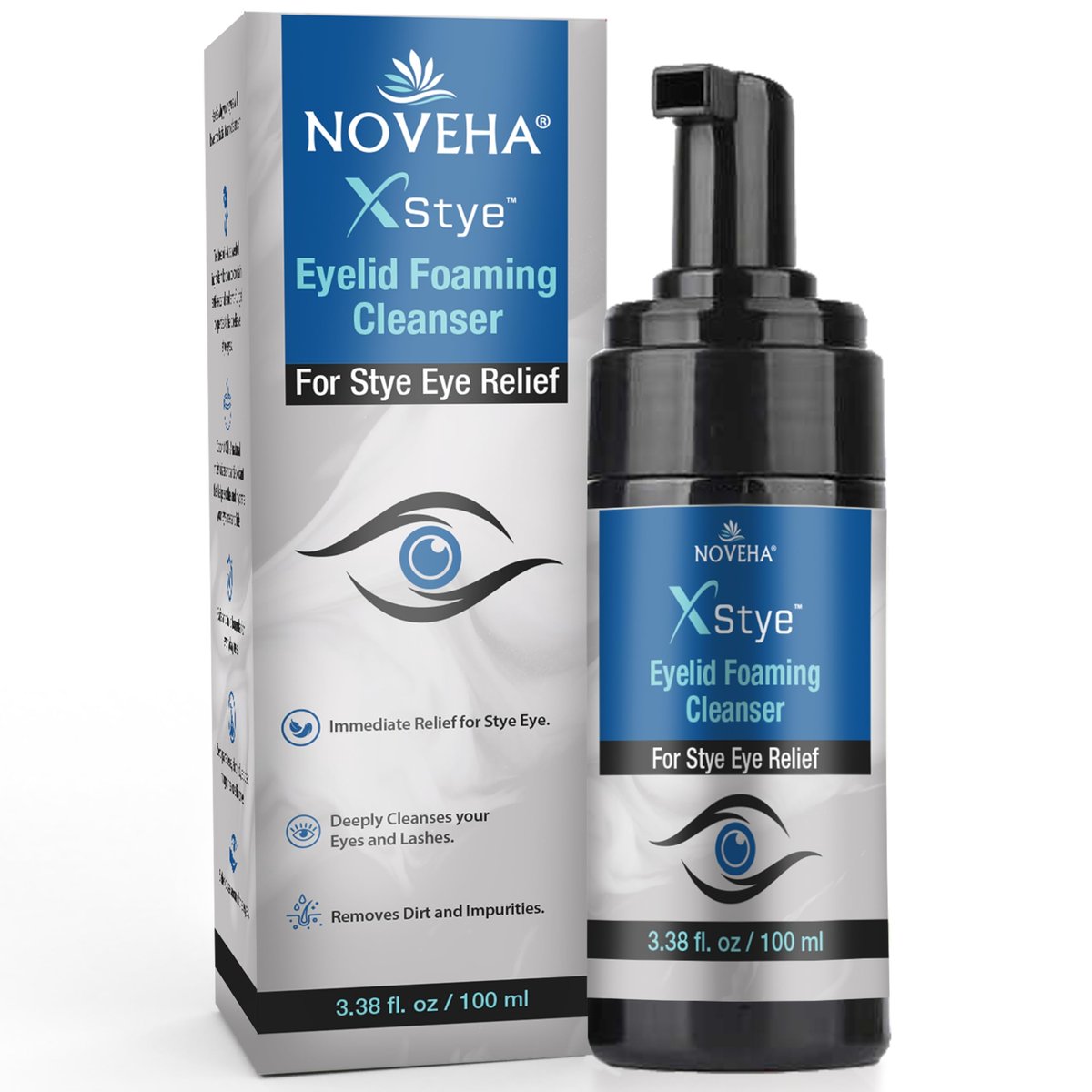 NOVEHA XStye Lidfalten-Reinigungsschaum – Schnelle Linderung bei Gerstenkorn – Formel mit Teebaumöl – Tägliche Lid- und Wimpernwäsche für gerstenkornanfällige Augen, Wimpern & Hauttrockenheit (100 ml)