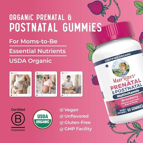 MARYRUTH'S Organics Prä natale Vitamine für Frauen | USDA Bio Prä natale Gummis | Postnatale Vitamine für Frauen Stillzeit | Methylfolat 800 µg DFE | Jod | Vegan | Non GMO | 30 Portionen