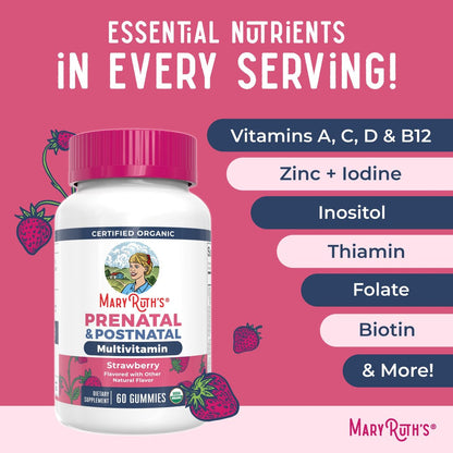 MARYRUTH'S Organics Prä natale Vitamine für Frauen | USDA Bio Prä natale Gummis | Postnatale Vitamine für Frauen Stillzeit | Methylfolat 800 µg DFE | Jod | Vegan | Non GMO | 30 Portionen