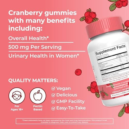 MaryRuth Organics Bio-Cranberry-Gummis mit D-Mannose – 500 mg pro Portion | Unterstützt die Harnwegsgesundheit | USDA Bio | Vegan | 60 Gummis