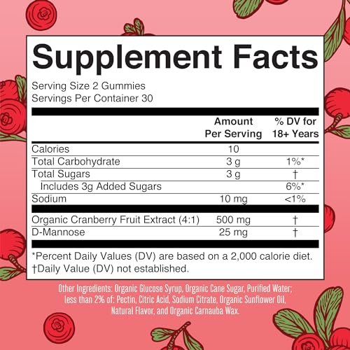 MaryRuth Organics Bio-Cranberry-Gummis mit D-Mannose – 500 mg pro Portion | Unterstützt die Harnwegsgesundheit | USDA Bio | Vegan | 60 Gummis