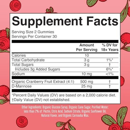 MaryRuth Organics Bio-Cranberry-Gummis mit D-Mannose – 500 mg pro Portion | Unterstützt die Harnwegsgesundheit | USDA Bio | Vegan | 60 Gummis