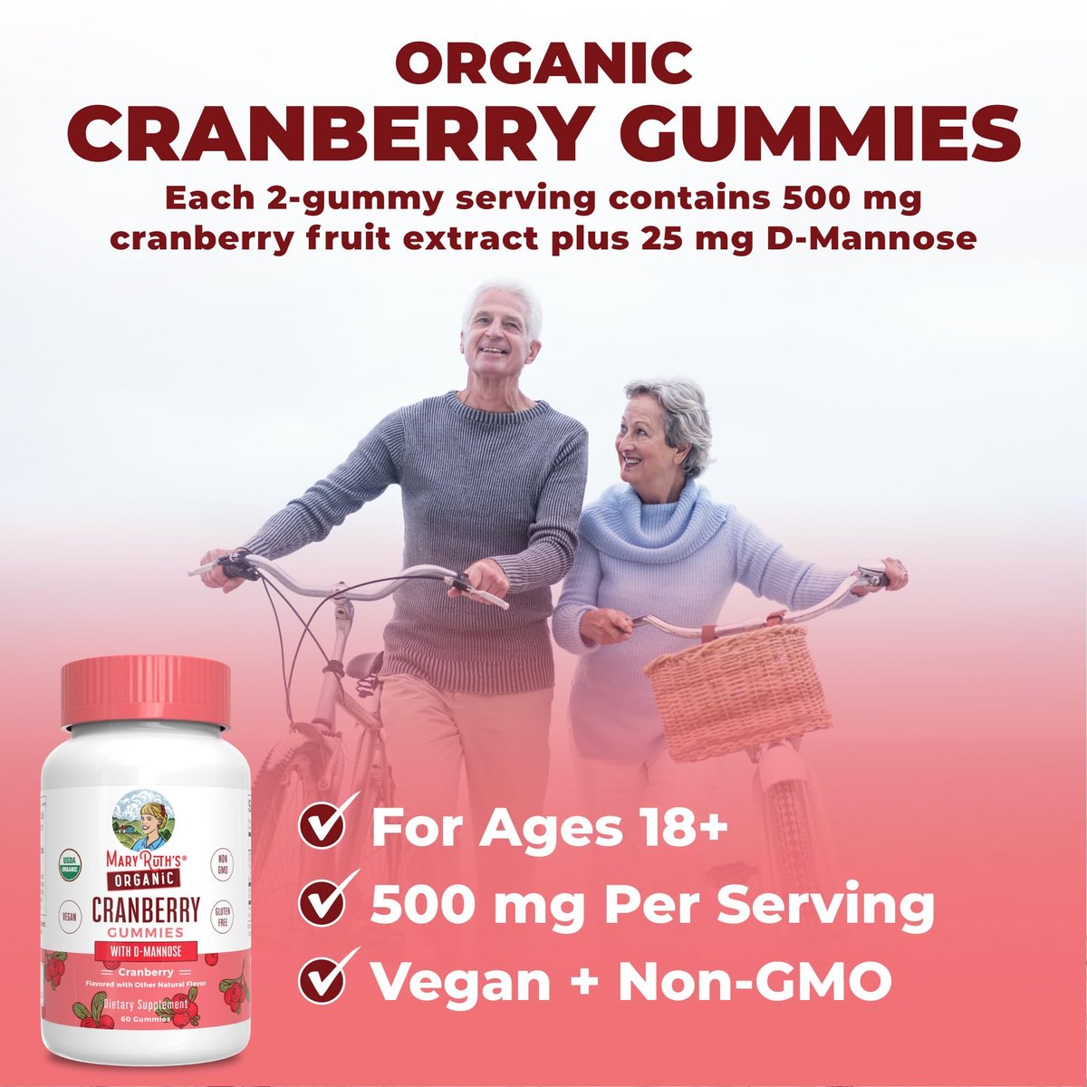 MaryRuth Organics Bio-Cranberry-Gummis mit D-Mannose – 500 mg pro Portion | Unterstützt die Harnwegsgesundheit | USDA Bio | Vegan | 60 Gummis