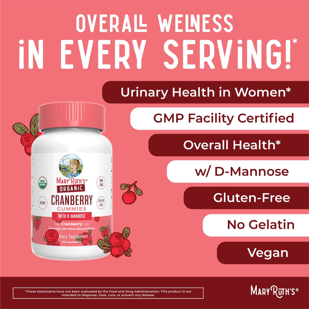 MaryRuth Organics Bio-Cranberry-Gummis mit D-Mannose – 500 mg pro Portion | Unterstützt die Harnwegsgesundheit | USDA Bio | Vegan | 60 Gummis