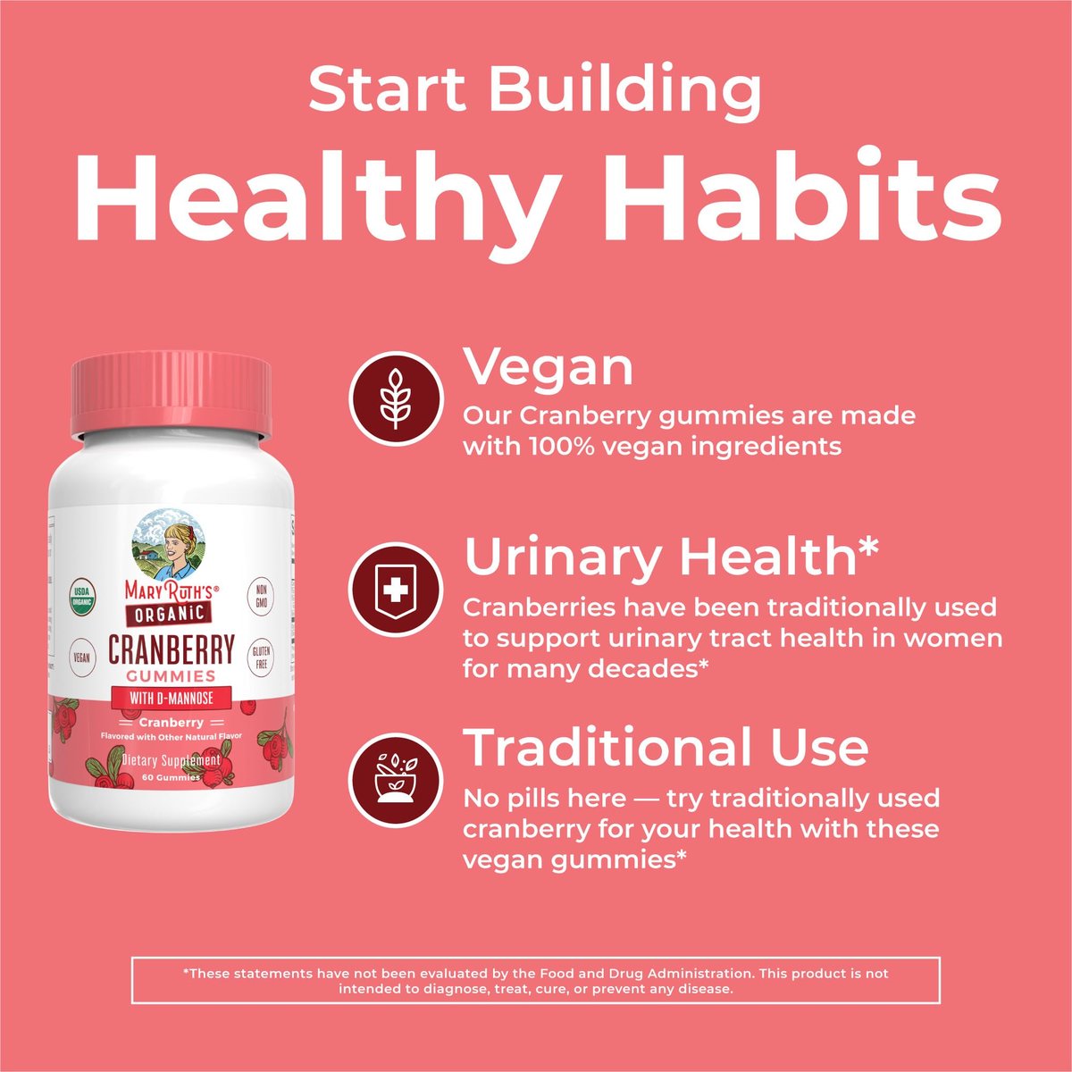 MaryRuth Organics Bio-Cranberry-Gummis mit D-Mannose – 500 mg pro Portion | Unterstützt die Harnwegsgesundheit | USDA Bio | Vegan | 60 Gummis