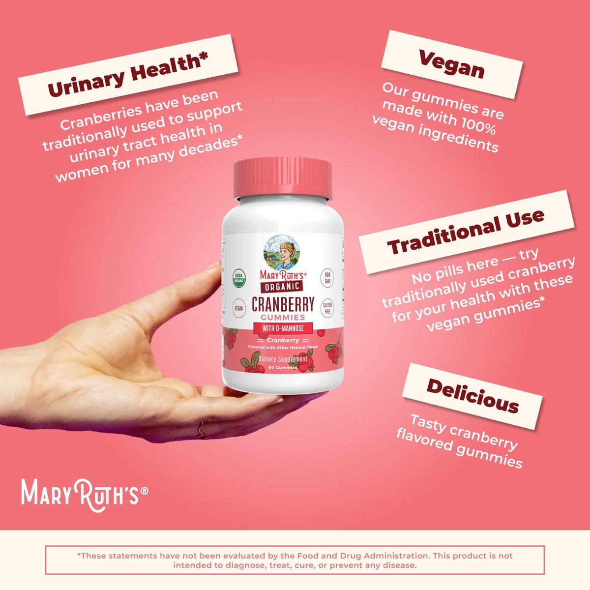 MaryRuth Organics Bio-Cranberry-Gummis mit D-Mannose – 500 mg pro Portion | Unterstützt die Harnwegsgesundheit | USDA Bio | Vegan | 60 Gummis