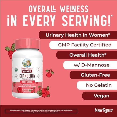 MaryRuth Organics Bio-Cranberry-Gummis mit D-Mannose – 500 mg pro Portion | Unterstützt die Harnwegsgesundheit | USDA Bio | Vegan | 60 Gummis