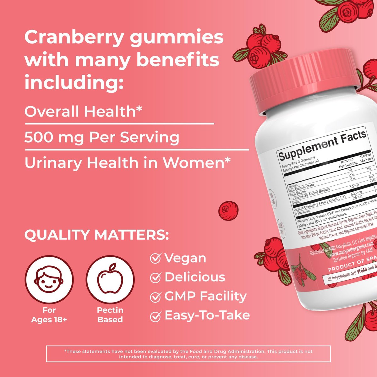 MaryRuth Organics Bio-Cranberry-Gummis mit D-Mannose – 500 mg pro Portion | Unterstützt die Harnwegsgesundheit | USDA Bio | Vegan | 60 Gummis