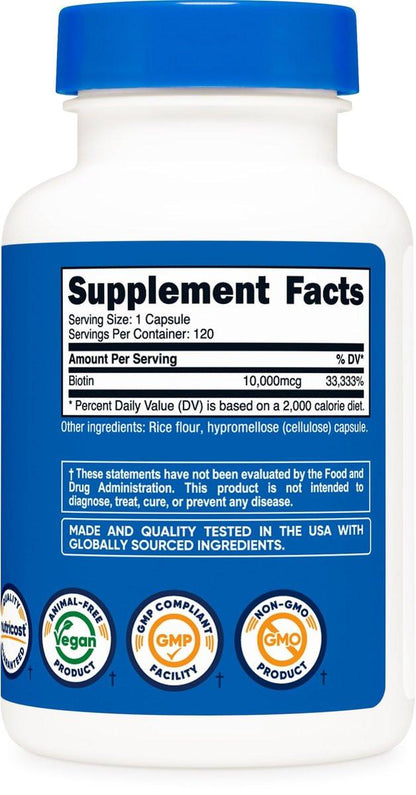 Nutricost Biotin (Vitamin B7) 10.000 mcg (10 mg), 120 Kapseln – Vegan, Glutenfrei, Non-GMO
