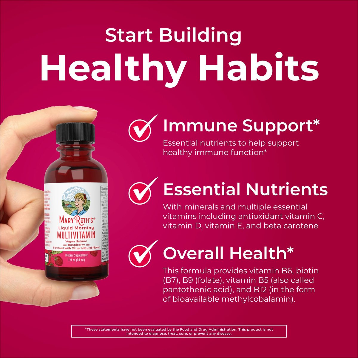MaryRuth's Flüssiges Morgen-Multivitamin Reisegröße | Multivitamin für Männer & Frauen | Vitamin A, C, D, E, B6, B12, Biotin, Zink | Schönheit | Immunität | Vegan | Ohne Gentechnik | Glutenfrei | 30 ml | 8 Portionen