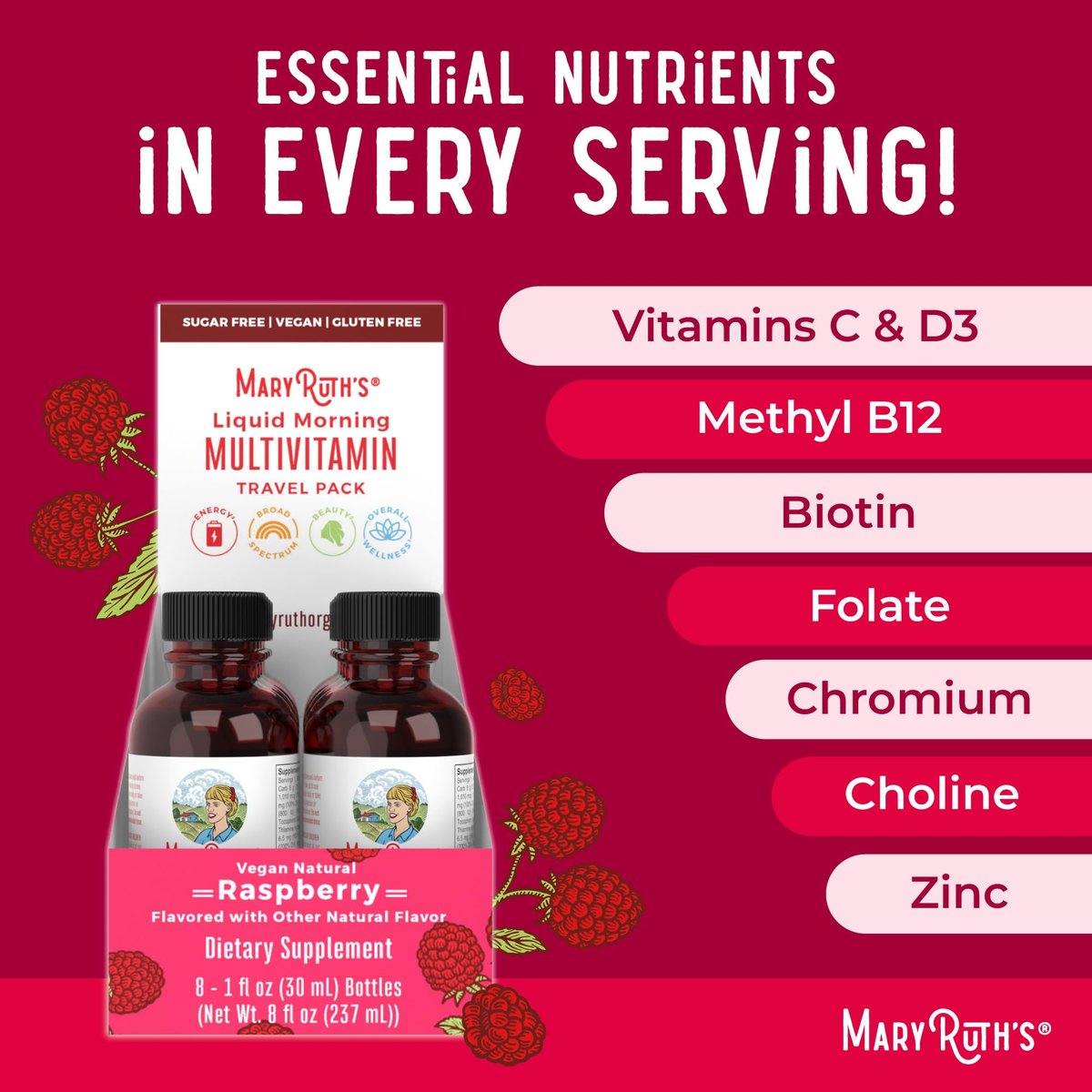 MaryRuth's Flüssiges Morgen-Multivitamin Reisegröße | Multivitamin für Männer & Frauen | Vitamin A, C, D, E, B6, B12, Biotin, Zink | Schönheit | Immunität | Vegan | Ohne Gentechnik | Glutenfrei | 30 ml | 8 Portionen