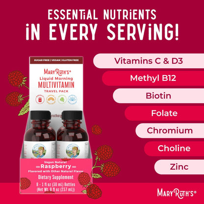 MaryRuth's Flüssiges Morgen-Multivitamin Reisegröße | Multivitamin für Männer & Frauen | Vitamin A, C, D, E, B6, B12, Biotin, Zink | Schönheit | Immunität | Vegan | Ohne Gentechnik | Glutenfrei | 30 ml | 8 Portionen