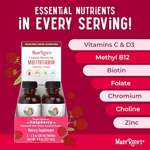 MaryRuth's Flüssiges Morgen-Multivitamin Reisegröße | Multivitamin für Männer & Frauen | Vitamin A, C, D, E, B6, B12, Biotin, Zink | Schönheit | Immunität | Vegan | Ohne Gentechnik | Glutenfrei | 30 ml | 8 Portionen