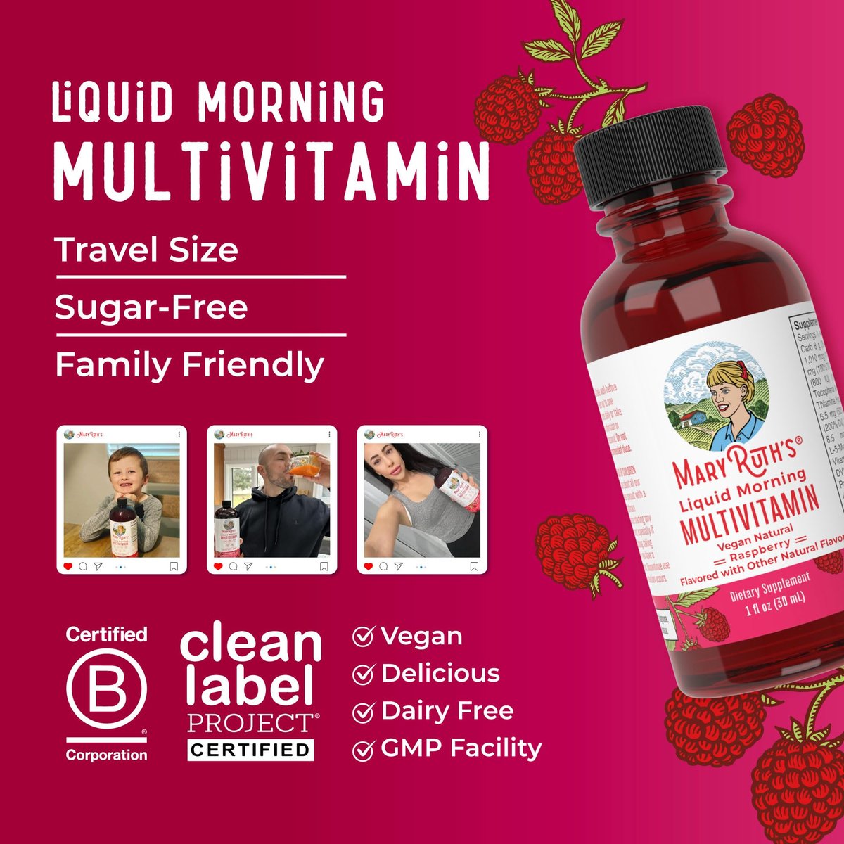 MaryRuth's Flüssiges Morgen-Multivitamin Reisegröße | Multivitamin für Männer & Frauen | Vitamin A, C, D, E, B6, B12, Biotin, Zink | Schönheit | Immunität | Vegan | Ohne Gentechnik | Glutenfrei | 30 ml | 8 Portionen