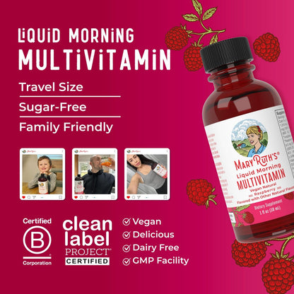 MaryRuth's Flüssiges Morgen-Multivitamin Reisegröße | Multivitamin für Männer & Frauen | Vitamin A, C, D, E, B6, B12, Biotin, Zink | Schönheit | Immunität | Vegan | Ohne Gentechnik | Glutenfrei | 30 ml | 8 Portionen