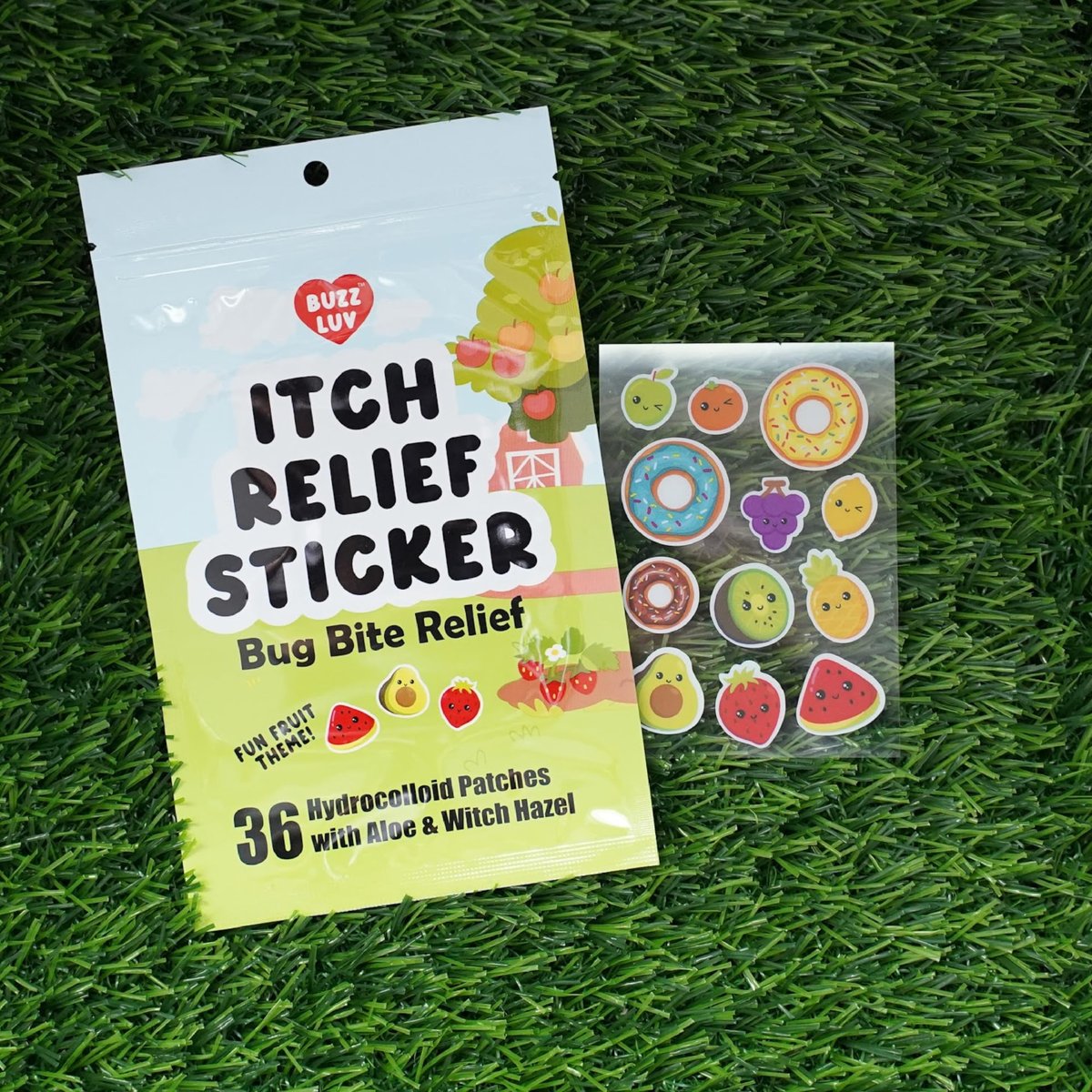 Buzzluv Hydrocolloid Juckreiz-Pflaster – Insektenstichlinderung für Mücken, Zecken, Mücken und Sandfliegen – Anti-Juck-Pflaster mit Aloe und Hamamelis – Insektenstichlinderung – kinderfreundlich – natürliches Fruchtmotiv