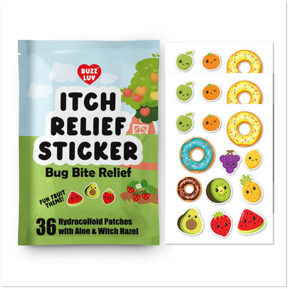 Buzzluv Hydrocolloid Juckreiz-Pflaster – Insektenstichlinderung für Mücken, Zecken, Mücken und Sandfliegen – Anti-Juck-Pflaster mit Aloe und Hamamelis – Insektenstichlinderung – kinderfreundlich – natürliches Fruchtmotiv