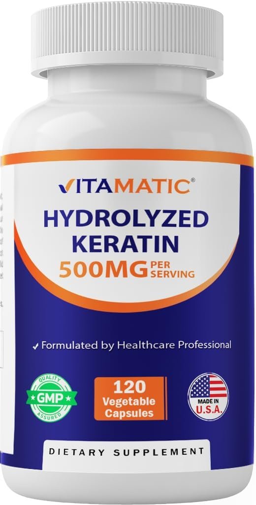 Vitamatic Hydrolysiertes Keratin 500 mg pro Portion – 120 vegane Kapseln – Keratin-Ergänzung für gesundes Haar, Haut und Nägel für Erwachsene
