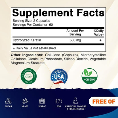 Vitamatic Hydrolysiertes Keratin 500 mg pro Portion – 120 vegane Kapseln – Keratin-Ergänzung für gesundes Haar, Haut und Nägel für Erwachsene