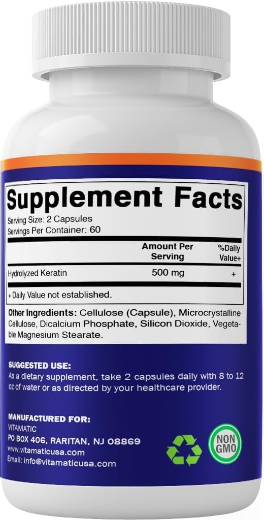 Vitamatic Hydrolysiertes Keratin 500 mg pro Portion – 120 vegane Kapseln – Keratin-Ergänzung für gesundes Haar, Haut und Nägel für Erwachsene
