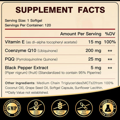 DRFOSTER Coq10 200mg – Hochdosiertes Coenzym Q10 mit Vitamin E, PQQ und schwarzem Pfefferextrakt – 6-fach höhere Absorption – 120 Kapseln