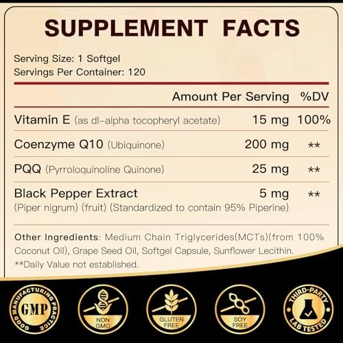 DRFOSTER Coq10 200mg – Hochdosiertes Coenzym Q10 mit Vitamin E, PQQ und schwarzem Pfefferextrakt – 6-fach höhere Absorption – 120 Kapseln
