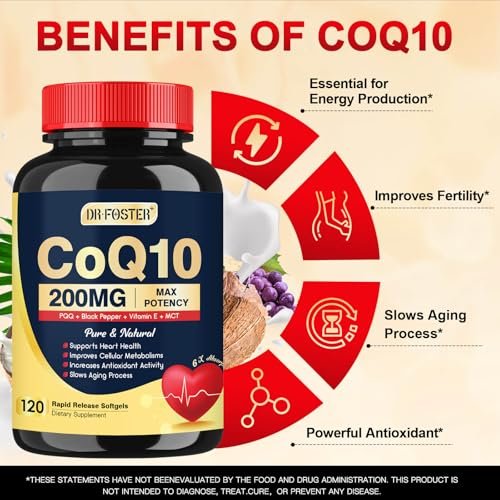 DRFOSTER Coq10 200mg – Hochdosiertes Coenzym Q10 mit Vitamin E, PQQ und schwarzem Pfefferextrakt – 6-fach höhere Absorption – 120 Kapseln