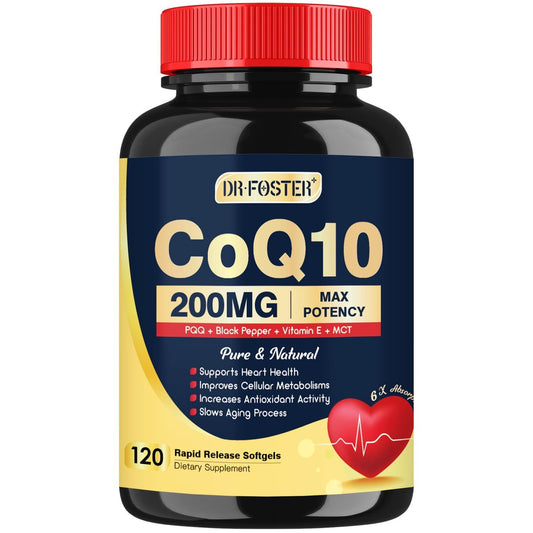 DRFOSTER Coq10 200mg – Hochdosiertes Coenzym Q10 mit Vitamin E, PQQ und schwarzem Pfefferextrakt – 6-fach höhere Absorption – 120 Kapseln