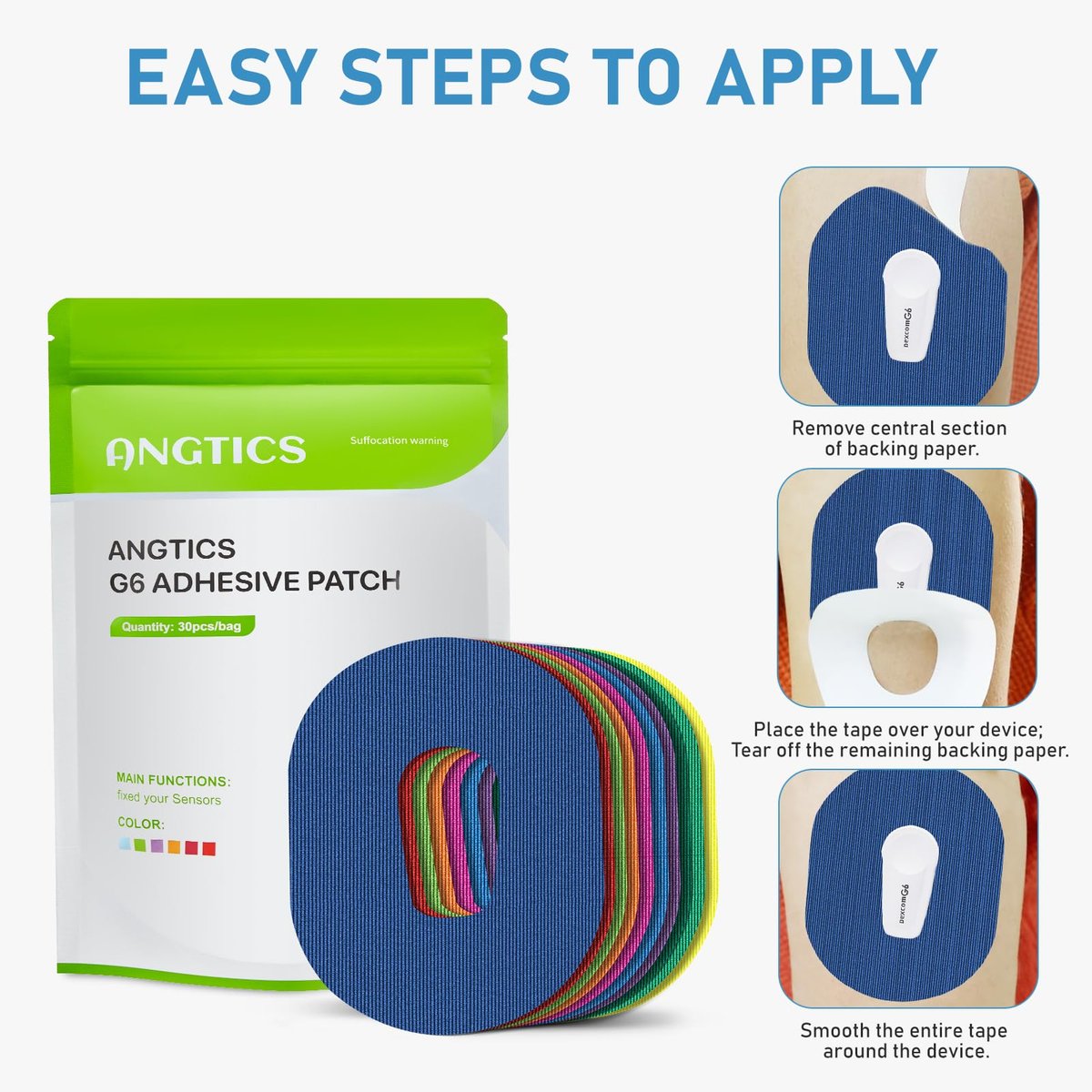 ANGTICS Dexcom G6 Klebepflaster Wasserdicht, 30 Stück Mehrfarbig Overpatch für Dexcom G6, Premium Transparente G6 Abdeckpflaster, Hypoallergen & Hautfreundlich, Sensor NICHT enthalten