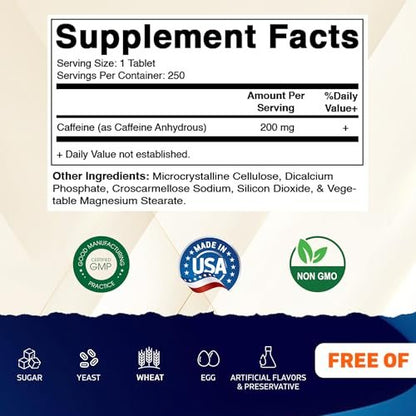 Vitamatic Koffein Tabletten 200 mg pro Portion, 250 Vegetarische Tabletten