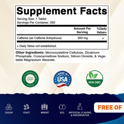 Vitamatic Koffein Tabletten 200 mg pro Portion, 250 Vegetarische Tabletten