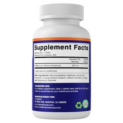 Vitamatic Koffein Tabletten 200 mg pro Portion, 250 Vegetarische Tabletten
