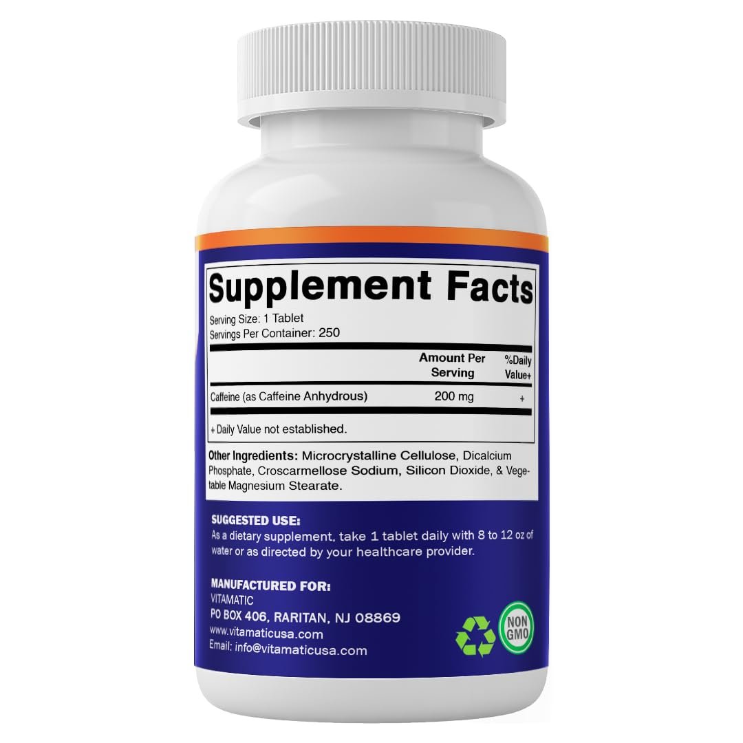 Vitamatic Koffein Tabletten 200 mg pro Portion, 250 Vegetarische Tabletten