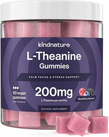 kindnature L-Theanin 200mg Gummis für Kinder ab 4 Jahren & Erwachsene – Reine Einzelinhaltsstoff-Kaugummis für Ruhe & Konzentration – Klinische Dosis, nicht schläfrig machend – Vegan, Mischbeere, Nicht-GVO – 60 Stück