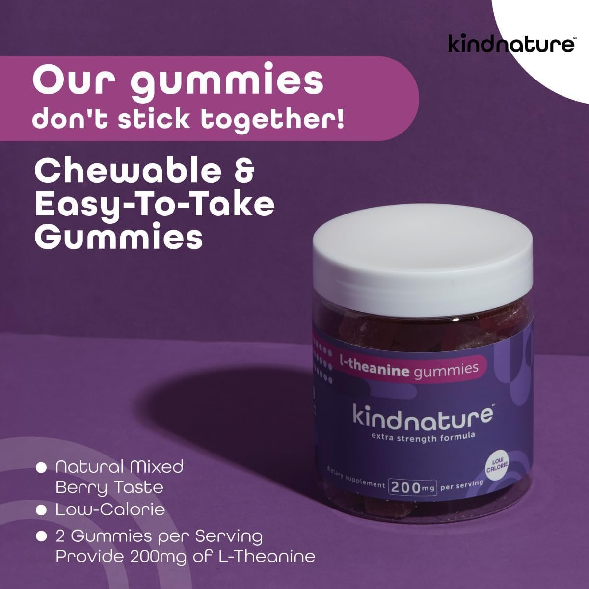 kindnature L-Theanin 200mg Gummis für Kinder ab 4 Jahren & Erwachsene – Reine Einzelinhaltsstoff-Kaugummis für Ruhe & Konzentration – Klinische Dosis, nicht schläfrig machend – Vegan, Mischbeere, Nicht-GVO – 60 Stück