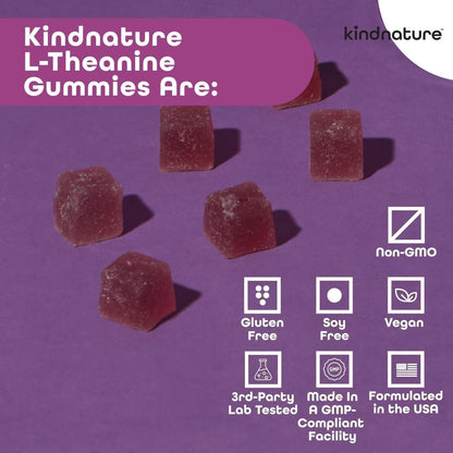 kindnature L-Theanin 200mg Gummis für Kinder ab 4 Jahren & Erwachsene – Reine Einzelinhaltsstoff-Kaugummis für Ruhe & Konzentration – Klinische Dosis, nicht schläfrig machend – Vegan, Mischbeere, Nicht-GVO – 60 Stück