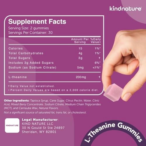 kindnature L-Theanin 200mg Gummis für Kinder ab 4 Jahren & Erwachsene – Reine Einzelinhaltsstoff-Kaugummis für Ruhe & Konzentration – Klinische Dosis, nicht schläfrig machend – Vegan, Mischbeere, Nicht-GVO – 60 Stück