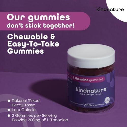 kindnature L-Theanin 200mg Gummis für Kinder ab 4 Jahren & Erwachsene – Reine Einzelinhaltsstoff-Kaugummis für Ruhe & Konzentration – Klinische Dosis, nicht schläfrig machend – Vegan, Mischbeere, Nicht-GVO – 60 Stück