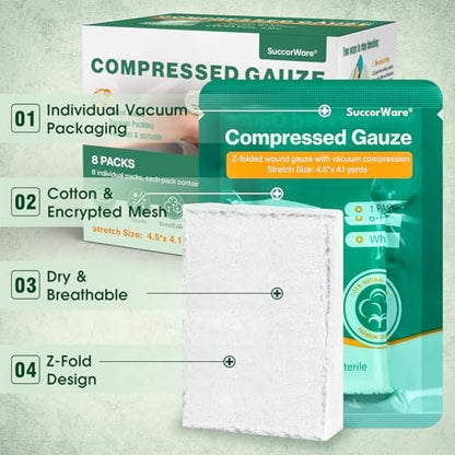 SuccorWare 8er-Pack sterile Kompressen mit Z-Faltung – Wundgaze zur Blutstillung, 4,5" x 4,1 Yards, 6-lagig – für Erste-Hilfe-Set, medizinisches Trauma-Set, IFAK-Nachfüllung