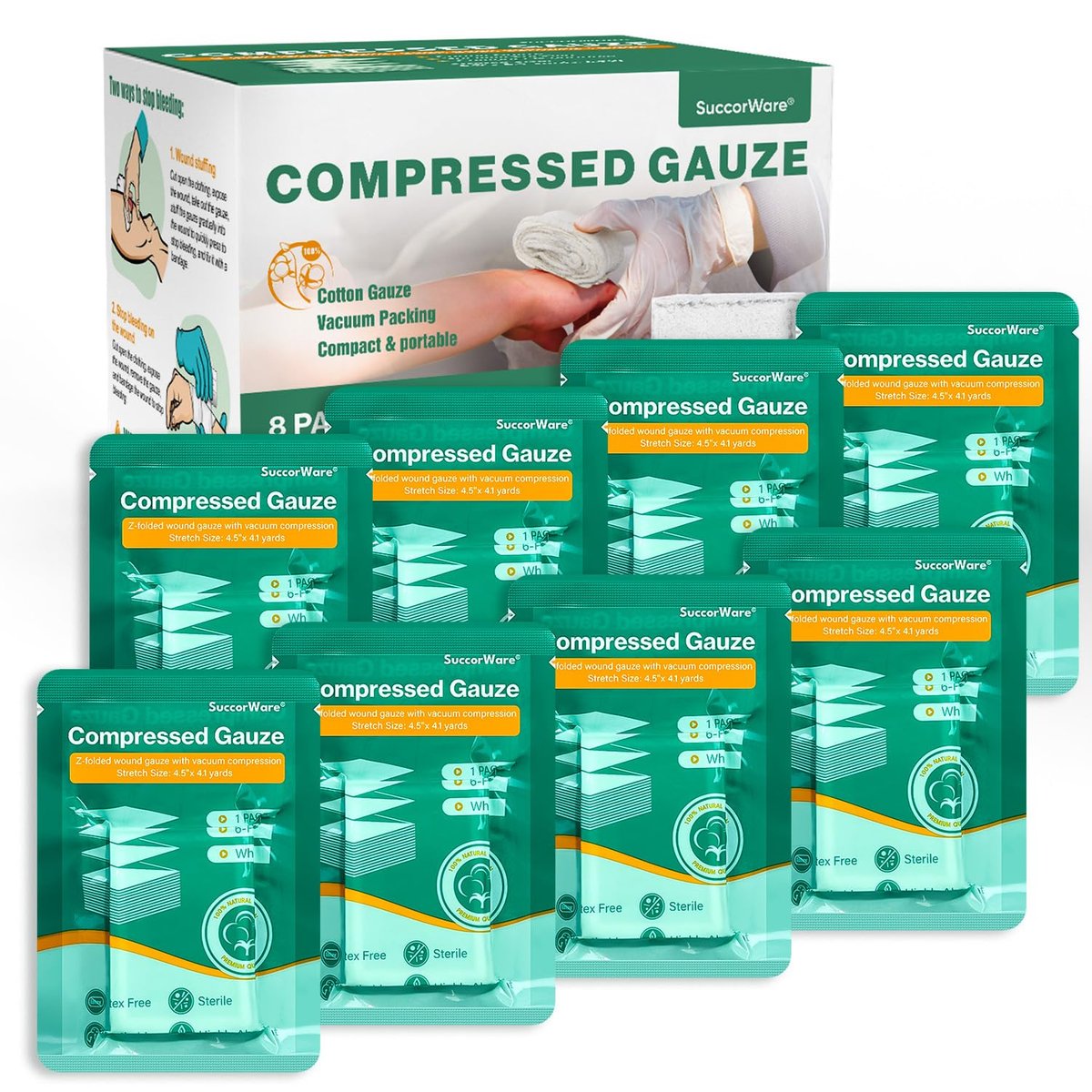 SuccorWare 8er-Pack sterile Kompressen mit Z-Faltung – Wundgaze zur Blutstillung, 4,5" x 4,1 Yards, 6-lagig – für Erste-Hilfe-Set, medizinisches Trauma-Set, IFAK-Nachfüllung