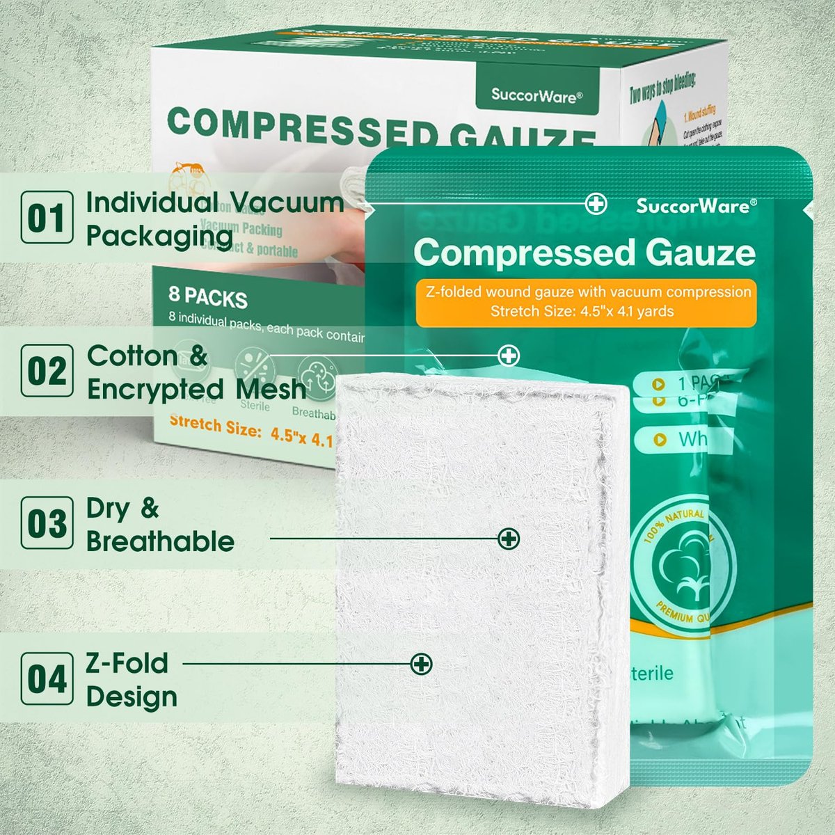 SuccorWare 8er-Pack sterile Kompressen mit Z-Faltung – Wundgaze zur Blutstillung, 4,5" x 4,1 Yards, 6-lagig – für Erste-Hilfe-Set, medizinisches Trauma-Set, IFAK-Nachfüllung